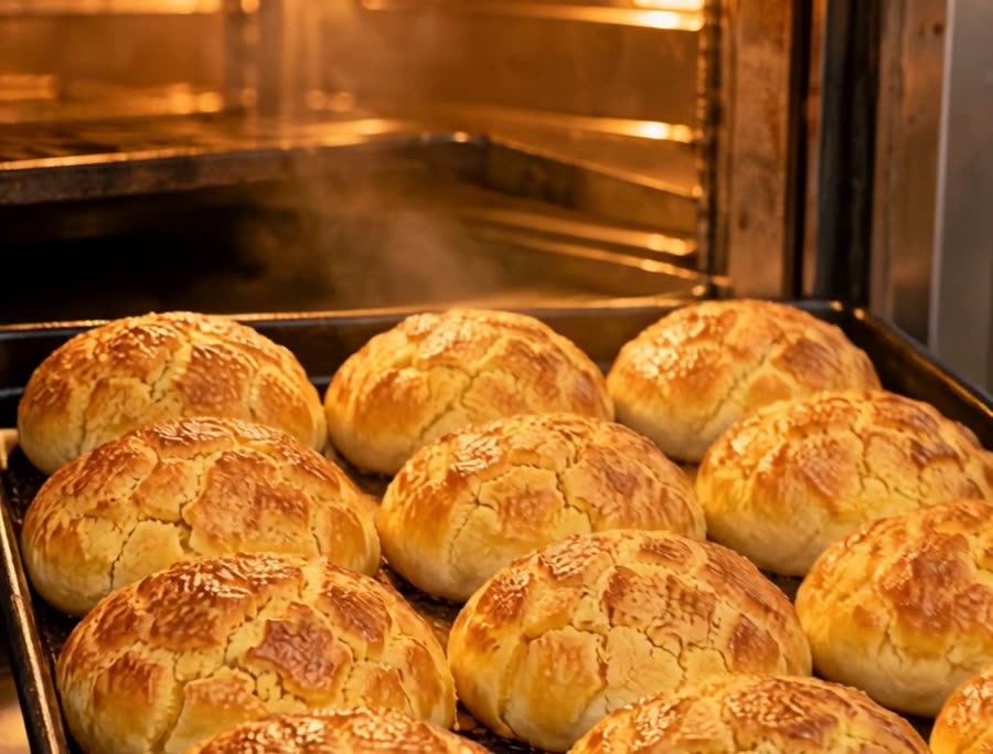 A tray of pineapple buns coming out of the oven