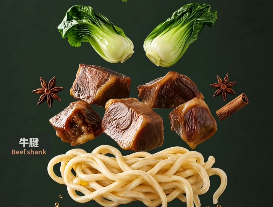Beef shank, bok choy and noodles suspended in mid-air above a bowl